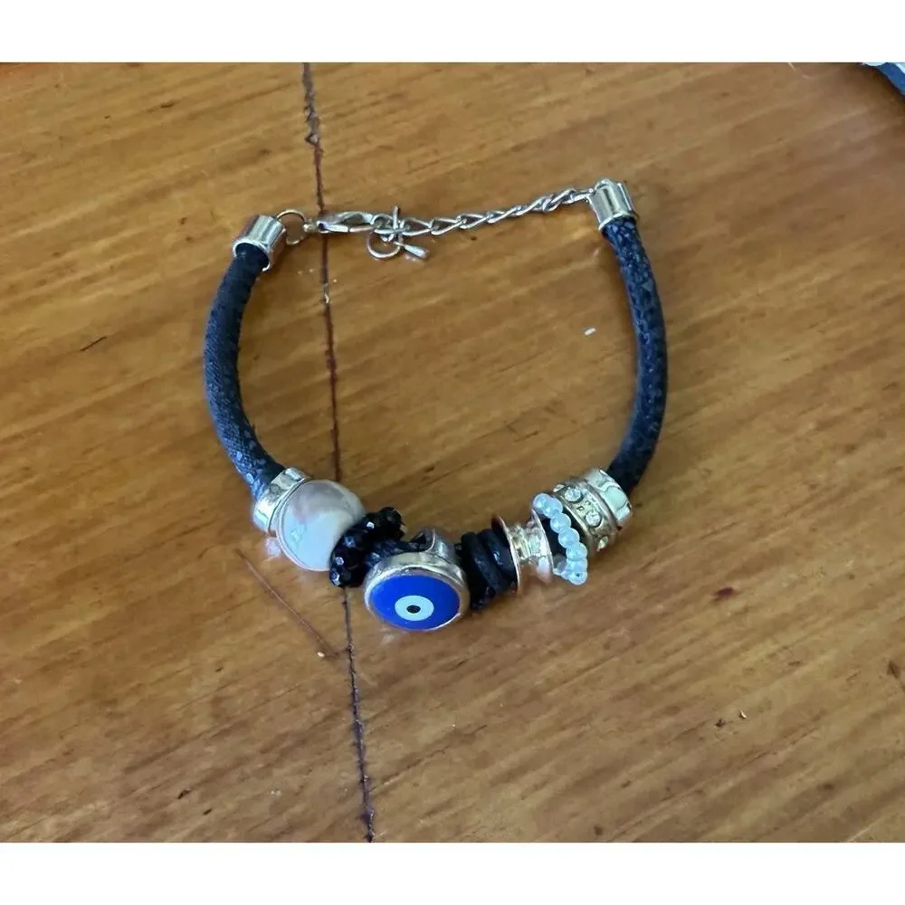Evil Eye Charm Bracelet Black Cord Crystal Bead Protection Adjustable Fashion
